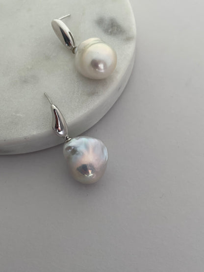 Silver Shore Sculptural Baroque Pearl Earrings Strong Luster Gift for Her