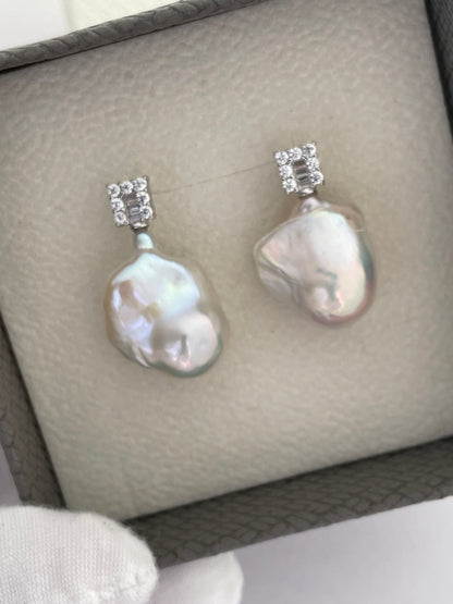 Sugar Cube Design Zircon Baroque Pearl Earrings Lustrous Freshwater Baroque Pearls
