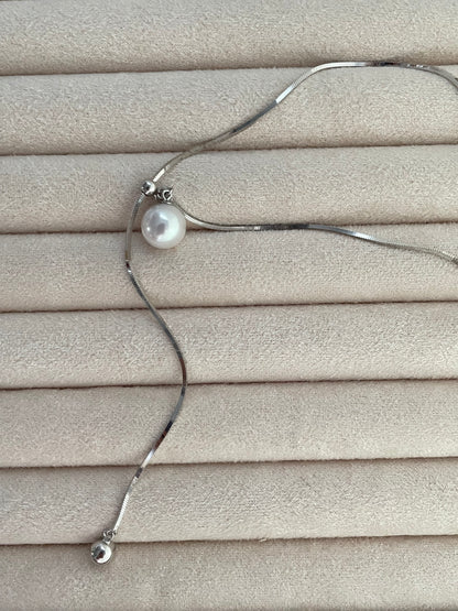 Sterling Silver Snake Chain 10-11mm Pearl Necklace Adjustable Chain