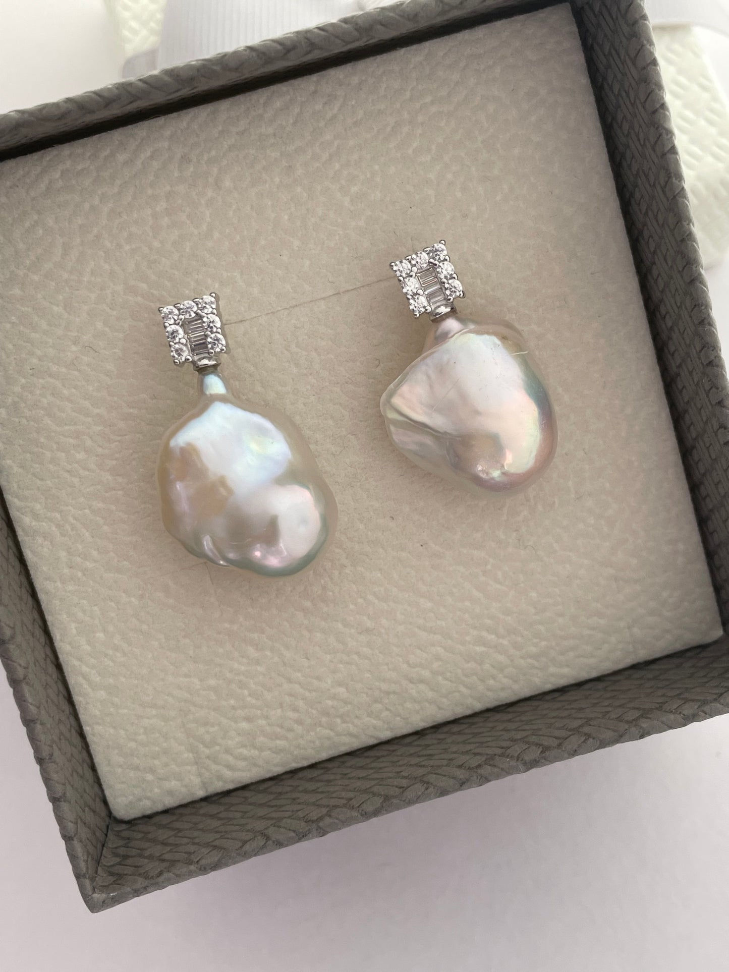Sugar Cube Design Zircon Baroque Pearl Earrings Lustrous Freshwater Baroque Pearls