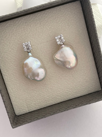 Sugar Cube Design Zircon Baroque Pearl Earrings Lustrous Freshwater Baroque Pearls