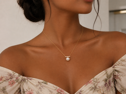 9–10mm Freshwater Pearl Necklace Balance Beam Pavé CZ Bar Pendant | Classic Gift for Her