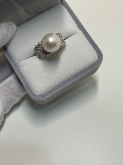 Elegant 11–12mm Freshwater Pearl Ring | Sparkling CZ Band | Minimal Flaw | Classic Gift for Her