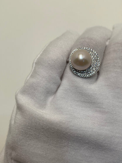 11-12mm Freshwater Pearl Halo Ring | Crystal Statement Ring | Classic Gift for Her