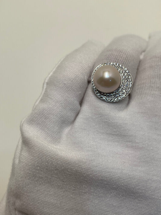 11-12mm Freshwater Pearl Halo Ring | Crystal Statement Ring | Classic Gift for Her