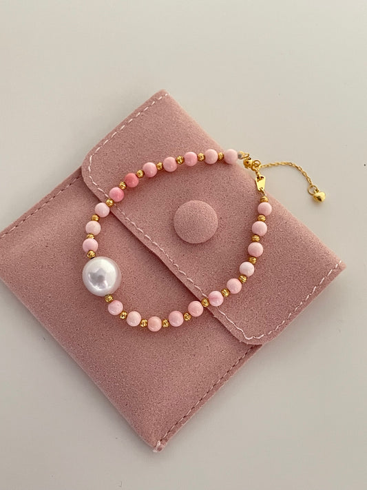 11 mm Pearl with Pink Shell Beads Adjustable Bracelet in Sterling Silver