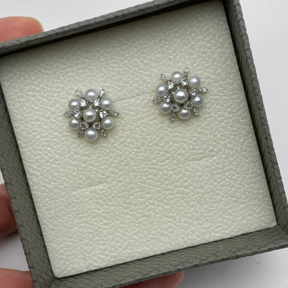 Snowflake Pearl Cluster Stud Earrings 3-4mm