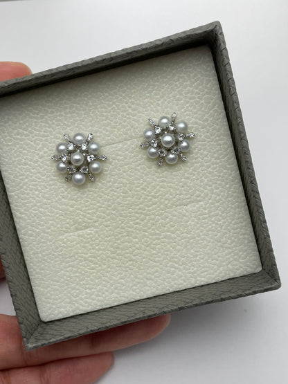 Snowflake Pearl Cluster Stud Earrings 3-4mm