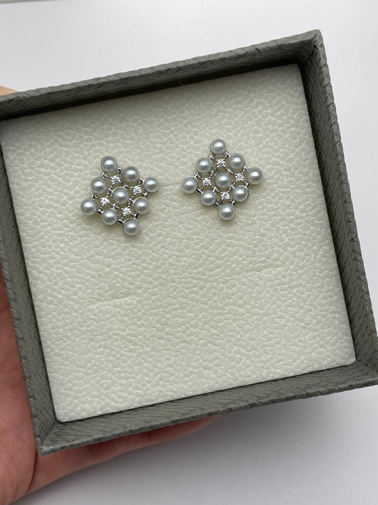 Geometric Pearl Cluster Earrings in Sterling Silver