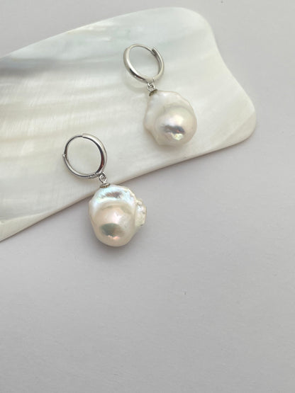 Top Shine 22mm Baroque Pearl Drop Earrings Sterling Silver Hoop