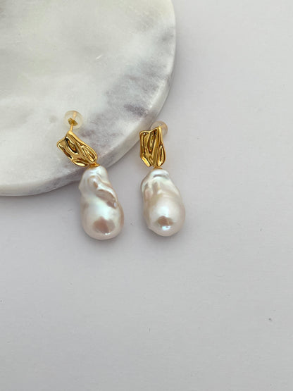 The Sculpted Baroque 22-25mm Pearl Dangle Earrings Strong Luster in Sterling Silver