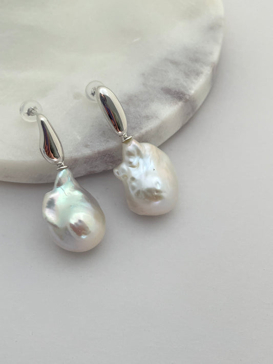 Silver Shore Sculptural Baroque Pearl Earrings Strong Luster Gift for Her