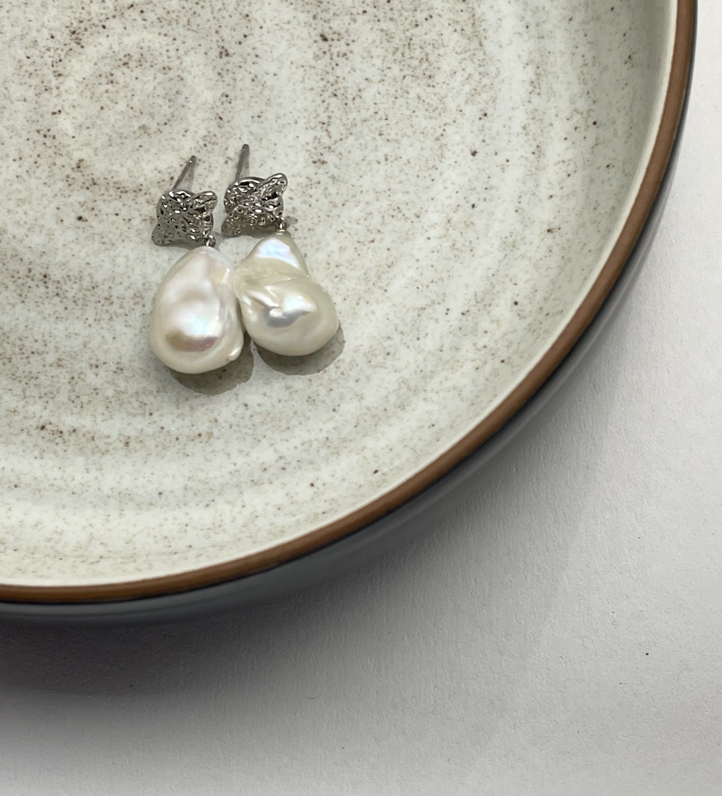 Silver Saturn Design Freshwater Baroque Pearl Drop Earrings