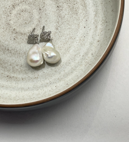Silver Saturn Design Freshwater Baroque Pearl Drop Earrings