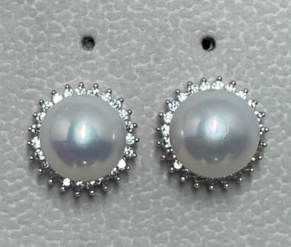 Timeless Princess Style Lustrous Pearl and Halo Stud Earrings in 925 Silver