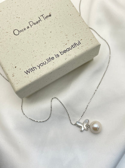 Fluttering Pearl Butterfly Pendant Necklace in 925 Silver