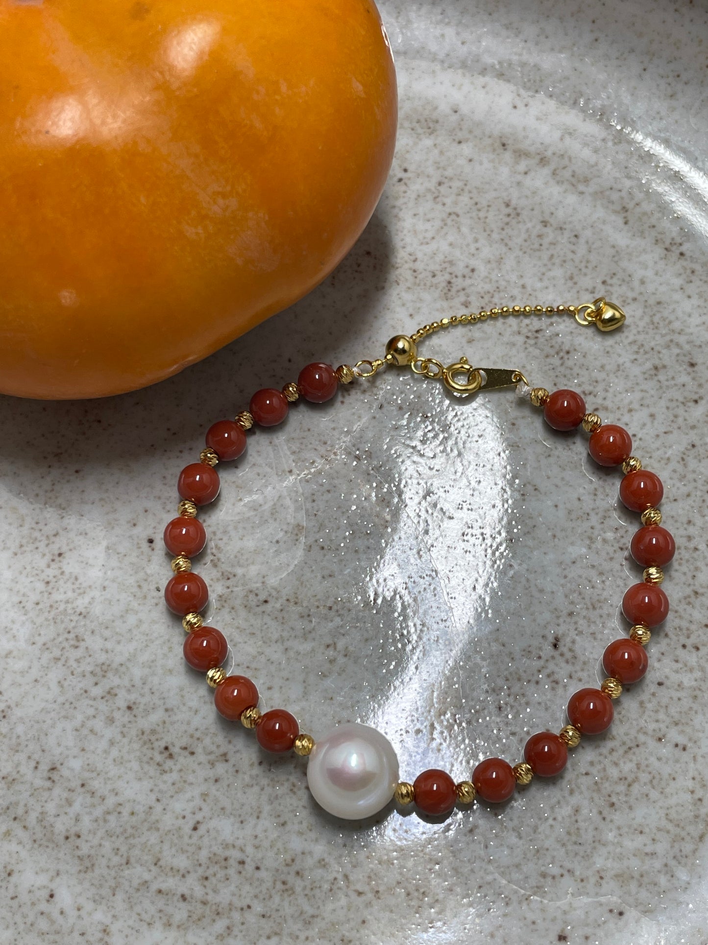 Persimmon Hue Coral Bracelet with Center Pearl in 925 Silver