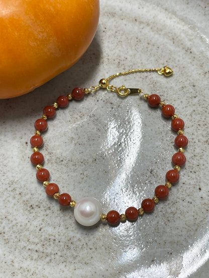 Persimmon Hue Coral Bracelet with Center Pearl in 925 Silver