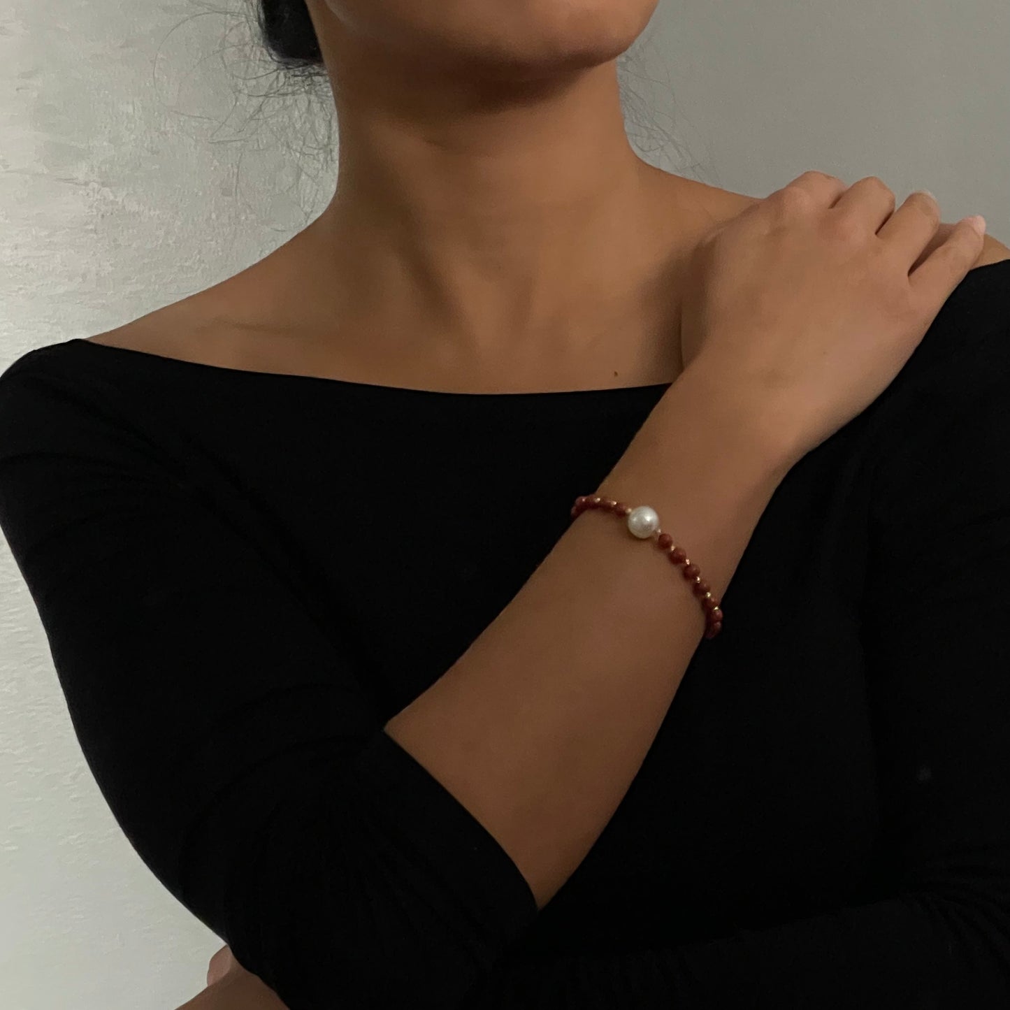 Persimmon Hue Coral Bracelet with Center Pearl in 925 Silver