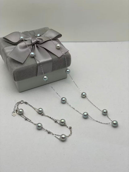 Gray Akoya Pearl Necklace and Bracelet in White Gold