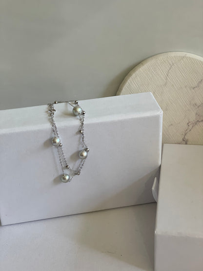 Japanese Gray Akoya Pearl Double Strand Tin Cup Bracelet
