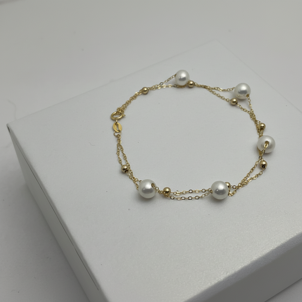 Gold Freshwater Pearl Double Strand Tincup Bracelet
