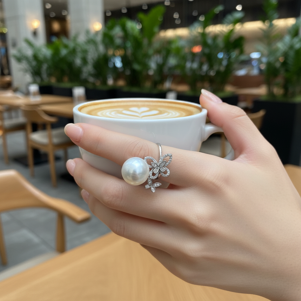 Strong Luster 11-12 mm Freshwater Pearl in Classic Butterfly Design with Adjustable Ring