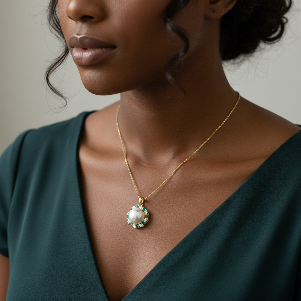 Emerald Halo Pearl Pendant Necklace