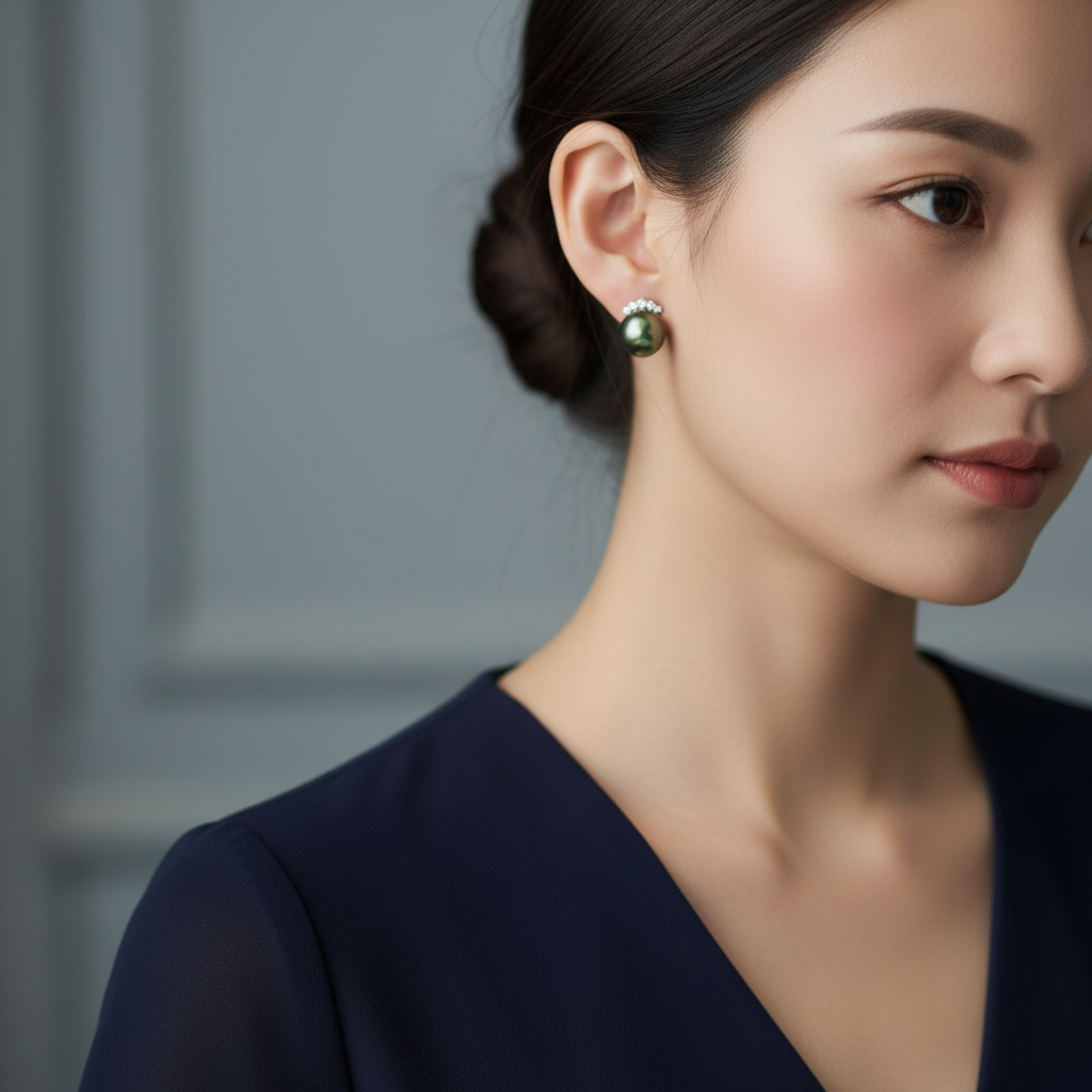 Midnight Crown Tahitian Pearl with Strong Green Tone Stud Earrings