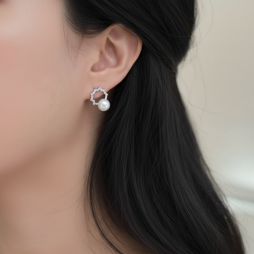 Quiet Glow Akoya Pearl Studs in White Gold and Diamond