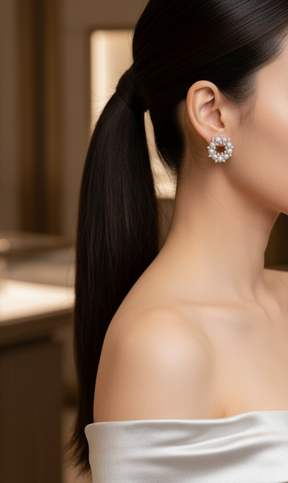 Celeste Halo Cluster Pearl Halo Stud Earrings