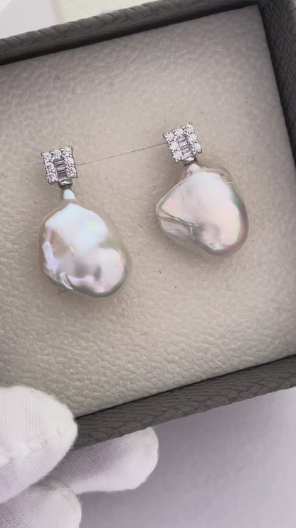 Sugar Cube Design Zircon Baroque Pearl Earrings Lustrous Freshwater Baroque Pearls