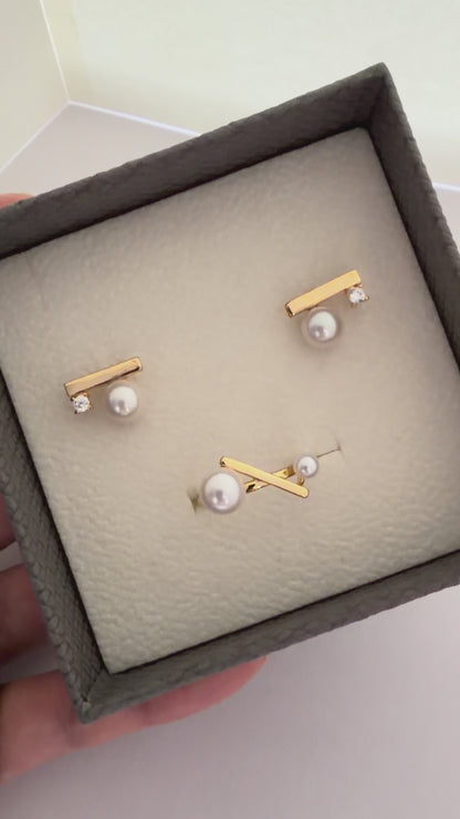Balance Beam Modern Minimalist Top Shine Freshwater Pearls Earrings and Ring Jewelry Set 