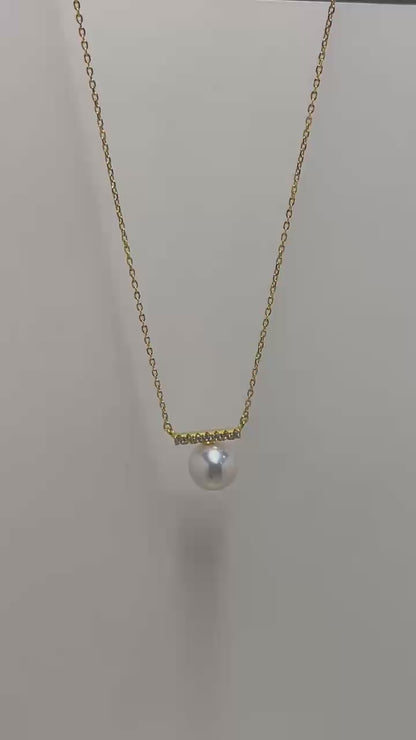 9–10mm Freshwater Pearl Necklace Balance Beam Pavé CZ Bar Pendant | Classic Gift for Her