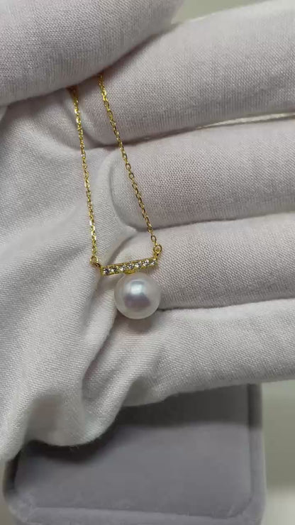 9–10mm Freshwater Pearl Necklace Balance Beam Pavé CZ Bar Pendant | Classic Gift for Her